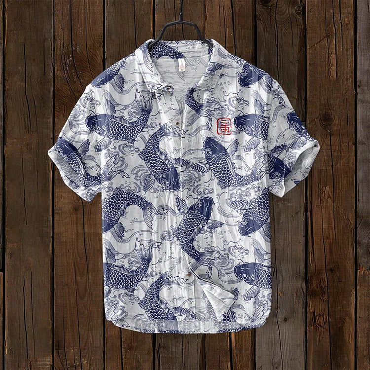 Sommer Hemd mit Koi-Fisch Motiv – Japanisches Design Herren Shirt mit Kurzarm – Leichtes Freizeitshirt im asiatischen Stil 5