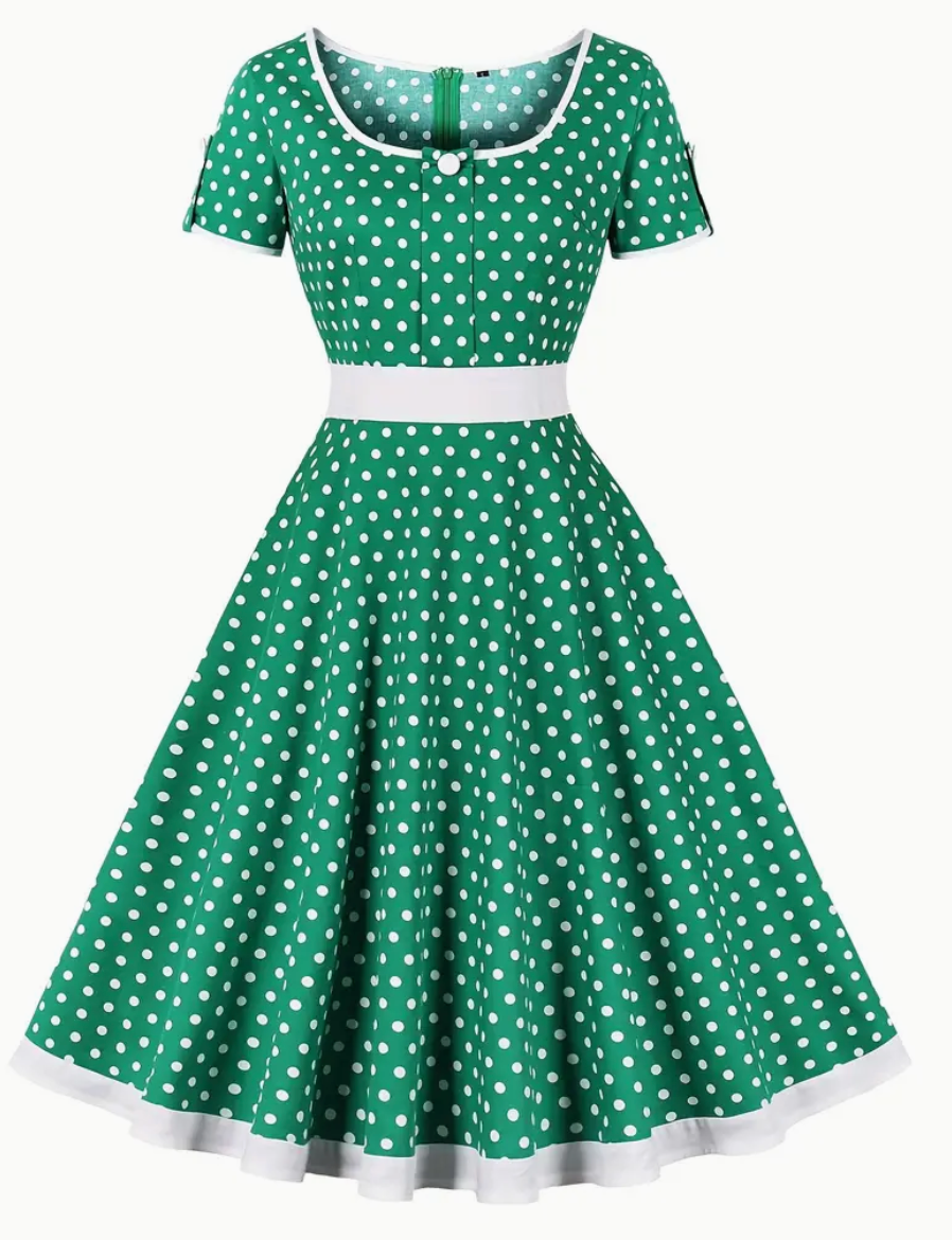 Vintage Rockabilly Kleid mit Polka Dots – 50er Jahre Retro-Kleid mit weitem Swing-Rock & Taillenband – Kurzarm A-Linienkleid für Party & Alltag 4