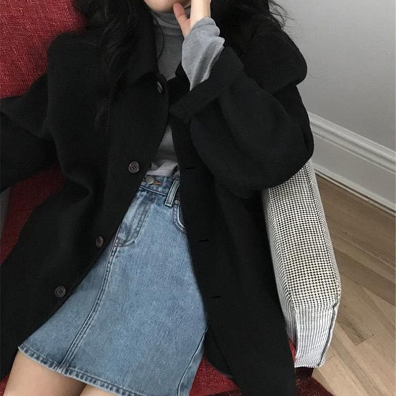 Alison Wollmantel Einreihig Umlegekragen Langer Mantel 0