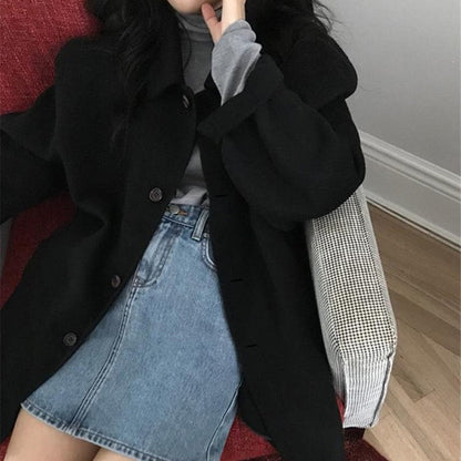 Alison Wollmantel Einreihig Umlegekragen Langer Mantel 0