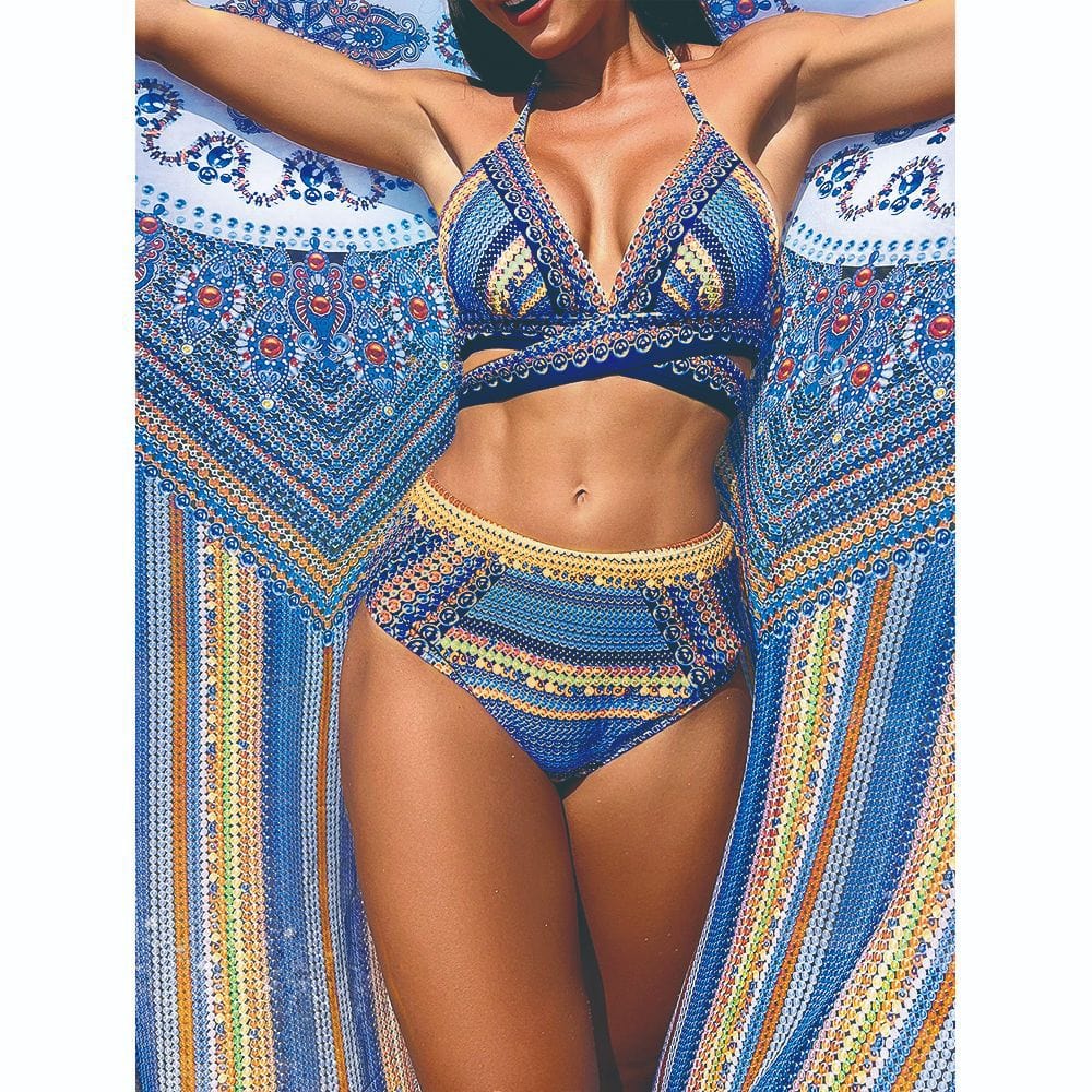 Boho Damen Bikini-Set mit High-Waist & Ethno-Muster – Inkl. Pareo für Strand, Pool & Festivals 6