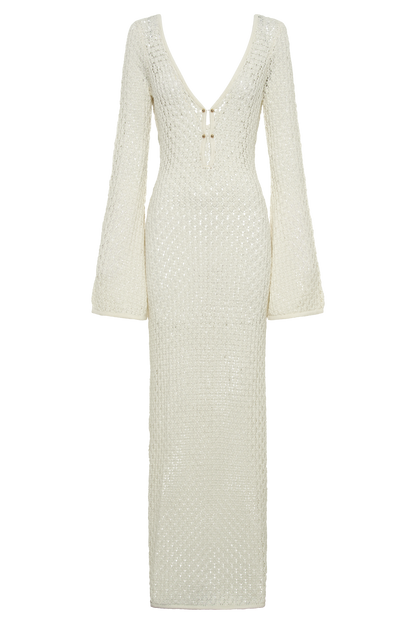 Damen Häkel-Strick Maxikleid – Langarm Strandkleid als Durchsichtiges Cover-Up 7