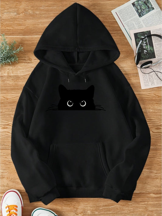 Eleganter Sweat-Pullover-Hoodie mit Katzenprint und Kapuze für Women | Ideal für den Alltag 0
