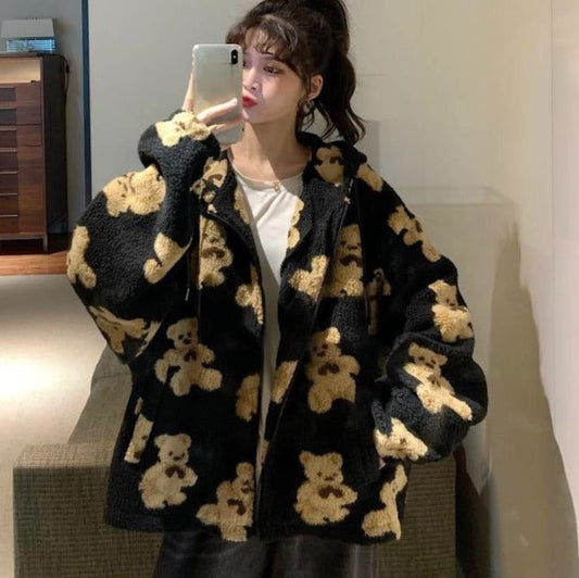 Harajuku Bär Teddy Druck Plüsch Jacke flauschige Kapuze Oberbekleidung 1