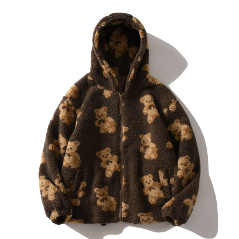Harajuku Bär Teddy Druck Plüsch Jacke flauschige Kapuze Oberbekleidung 2