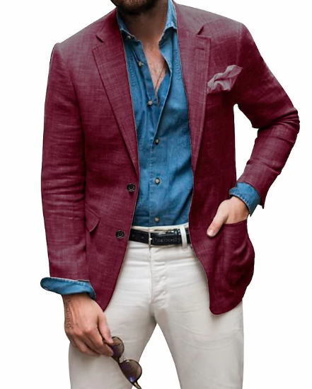 Jon - Herren Leinen Blazer Strand Hochzeit Casual Tailored Fit Solide Farbe Einreihig Zwei Knöpfe 2