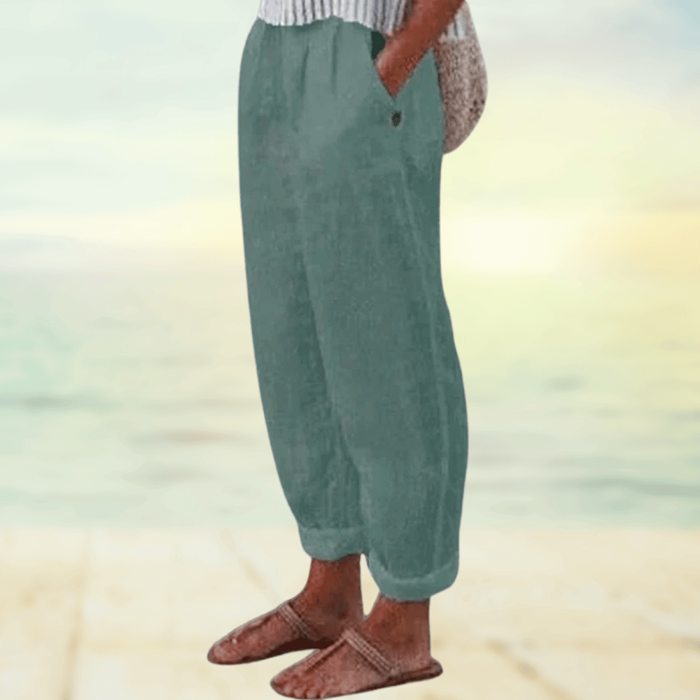 Locker geschnittene Leinenhose für Damen – Sommerhose mit Elastikbund & Taschen für Freizeit, Urlaub & Strand 4