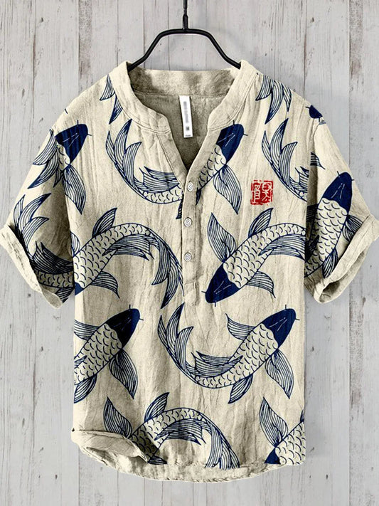 Sommer Hemd mit Koi-Fisch Motiv – Japanisches Design Herren Shirt mit Kurzarm – Leichtes Freizeitshirt im asiatischen Stil 0