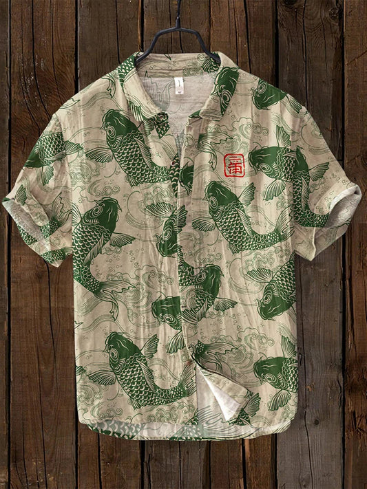 Sommer Hemd mit Koi-Fisch Motiv – Japanisches Design Herren Shirt mit Kurzarm – Leichtes Freizeitshirt im asiatischen Stil 1