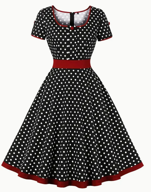 Vintage Rockabilly Kleid mit Polka Dots – 50er Jahre Retro-Kleid mit weitem Swing-Rock & Taillenband – Kurzarm A-Linienkleid für Party & Alltag 0