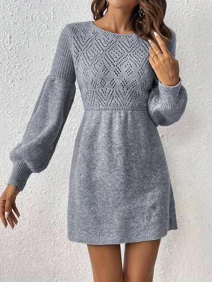 Warm Lochstickerei Solide Farbe Strick Laternen Ärmel A-Linie Geraffte Taille Formelles Kleid Für Frauen | Ideal für formelle Anlässe 2