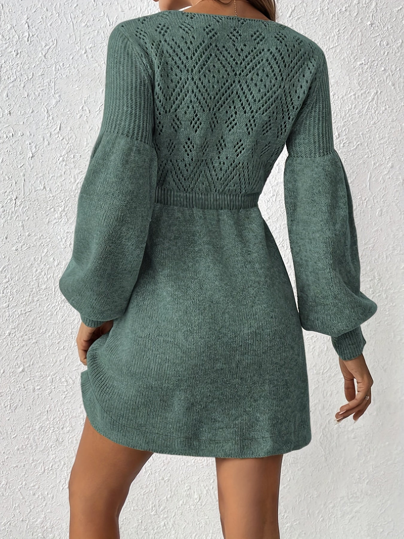 Warm Lochstickerei Solide Farbe Strick Laternen Ärmel A-Linie Geraffte Taille Formelles Kleid Für Frauen | Ideal für formelle Anlässe 5