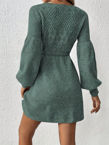 Warm Lochstickerei Solide Farbe Strick Laternen Ärmel A-Linie Geraffte Taille Formelles Kleid Für Frauen | Ideal für formelle Anlässe 5