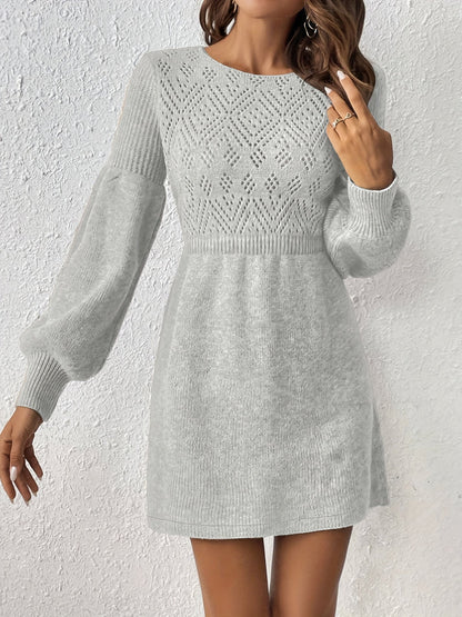 Warm Lochstickerei Solide Farbe Strick Laternen Ärmel A-Linie Geraffte Taille Formelles Kleid Für Frauen | Ideal für formelle Anlässe 6