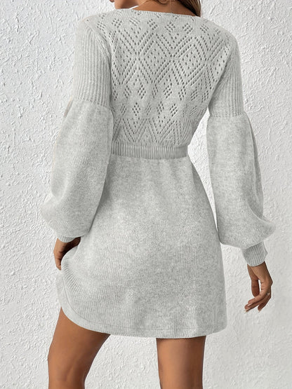 Warm Lochstickerei Solide Farbe Strick Laternen Ärmel A-Linie Geraffte Taille Formelles Kleid Für Frauen | Ideal für formelle Anlässe 8